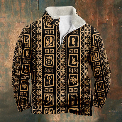 Tribal Pattern Peripheral 3D Digital Printing Casual Stand Collar Half Zipped Round Neck Bathroom
